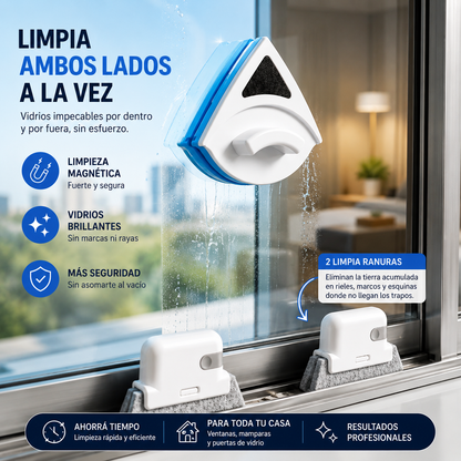 CleanGlass™ | Combo Limpiador Vidrios Magnético + 2 Limpia Ranuras
