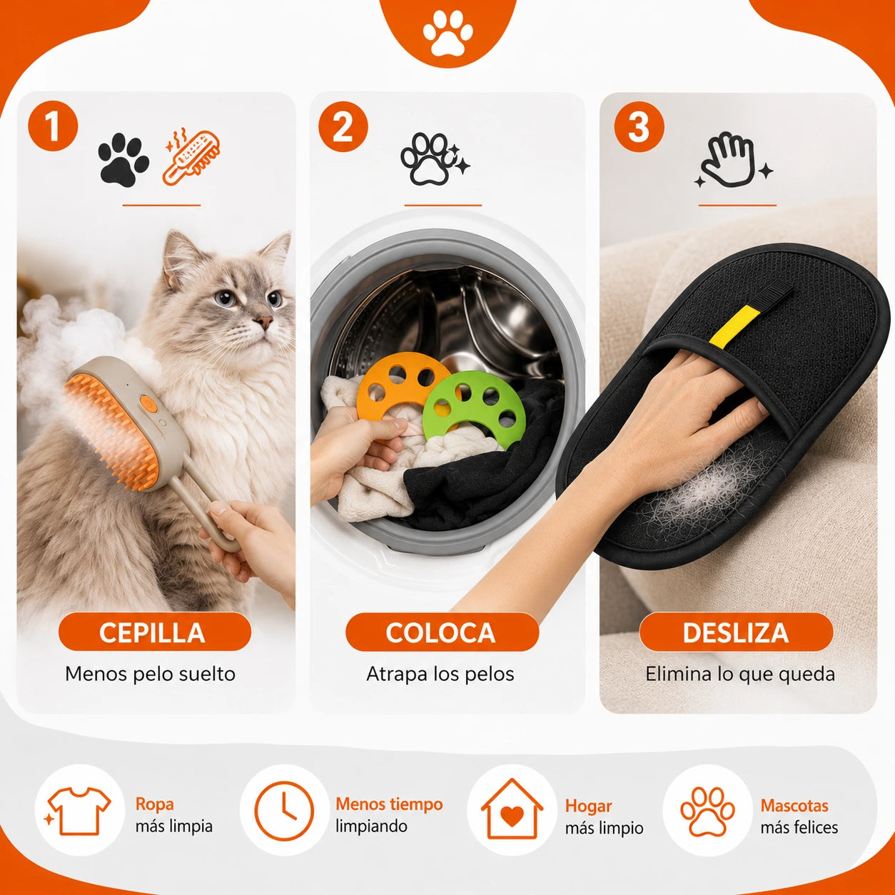 PetClean™ | Manopla Atrapa Pelos + Regalos🎁: 2 Huellitas Saca Pelos + 1 Cepillo Automatico A Vapor