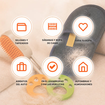 PetClean™ | Manopla Atrapa Pelos + Regalos🎁: 2 Huellitas Saca Pelos + 1 Cepillo Automatico A Vapor
