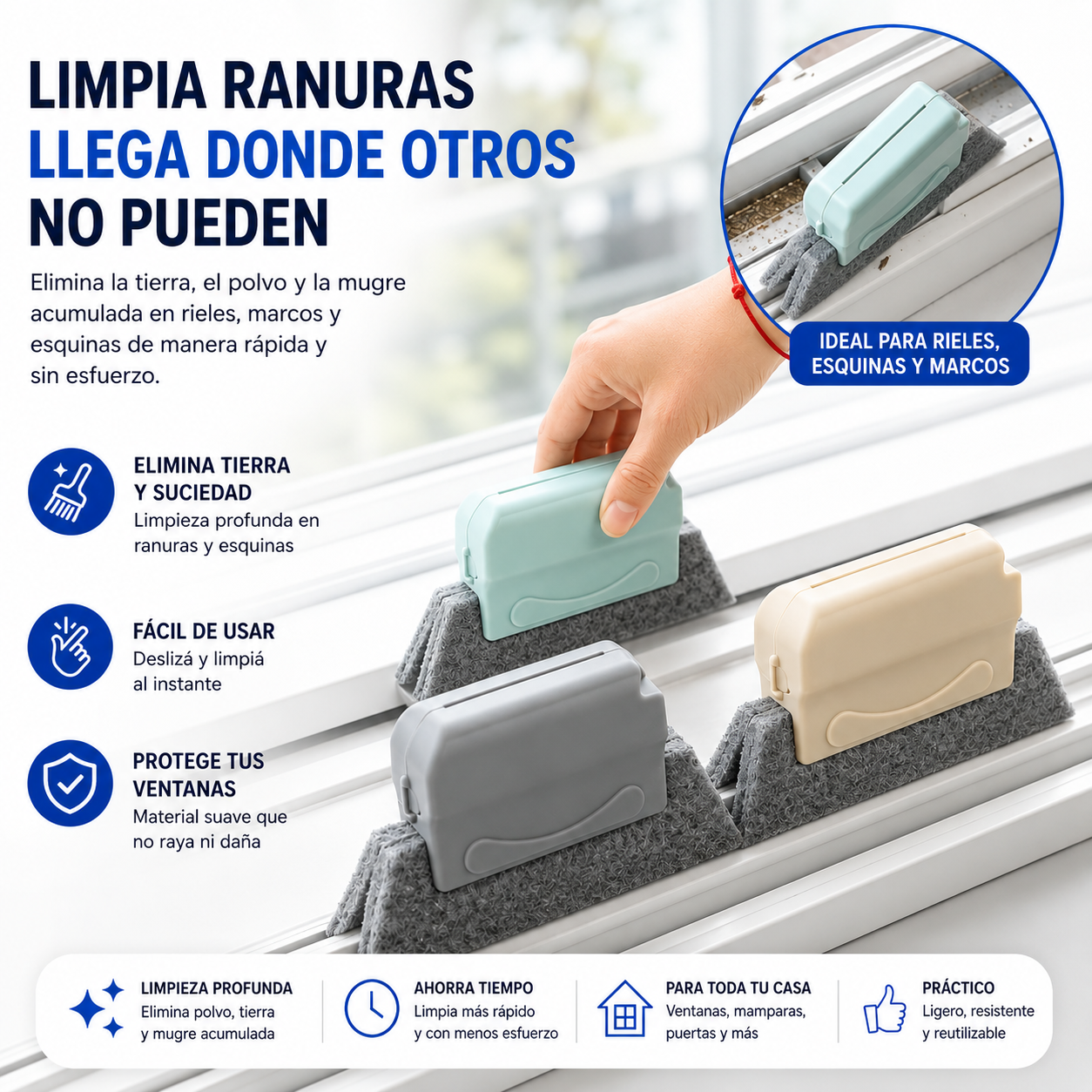 CleanGlass™ | Combo Limpiador Vidrios Magnético + 2 Limpia Ranuras