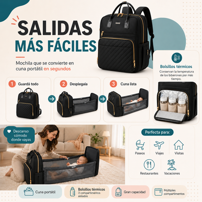 Mochila Cuna 4 en 1 | Organizadora, Cambiador, Cuna Portátil y Porta Mamaderas Térmico