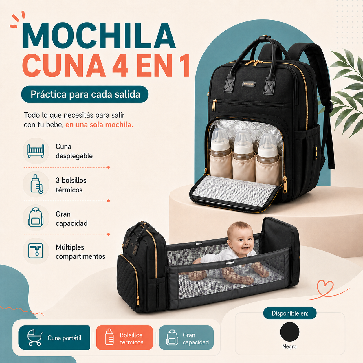 Mochila Cuna 4 en 1 | Organizadora, Cambiador, Cuna Portátil y Porta Mamaderas Térmico