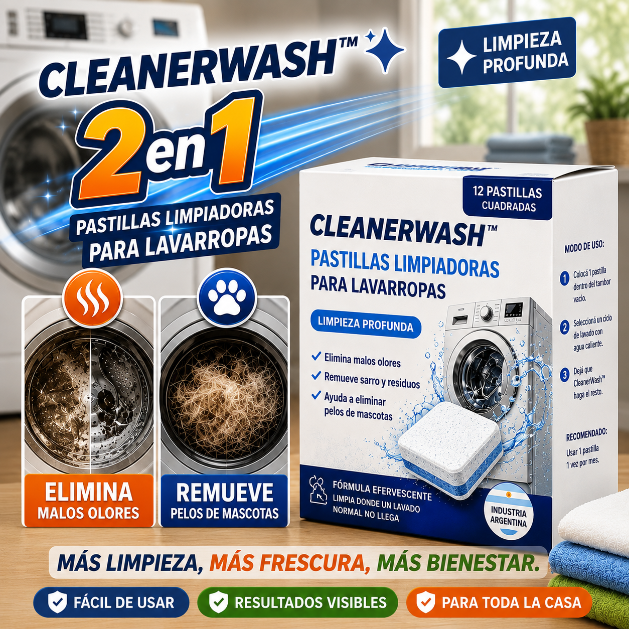 CleanerWash™ | Pastillas Originales para Limpiar Lavarropas - Elimina Mal Olor, Sarro y Pelos de Mascotas