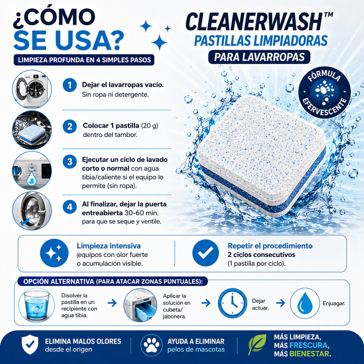 CleanerWash™ | Pastillas Originales para Limpiar Lavarropas - Elimina Mal Olor, Sarro y Pelos de Mascotas