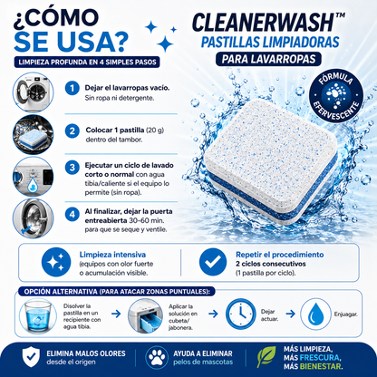 CleanerWash™ | Pastillas Originales para Limpiar Lavarropas - Elimina Mal Olor, Sarro y Pelos de Mascotas