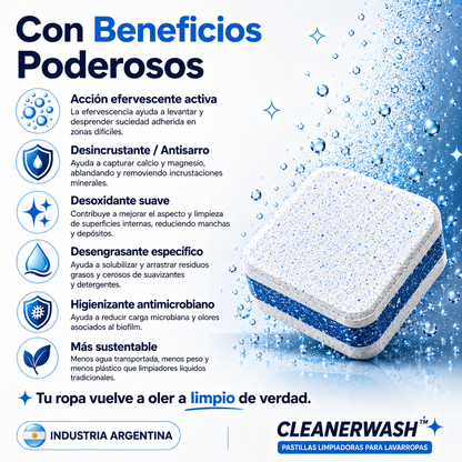 CleanerWash™ | Pastillas Originales para Limpiar Lavarropas - Elimina Mal Olor, Sarro y Pelos de Mascotas