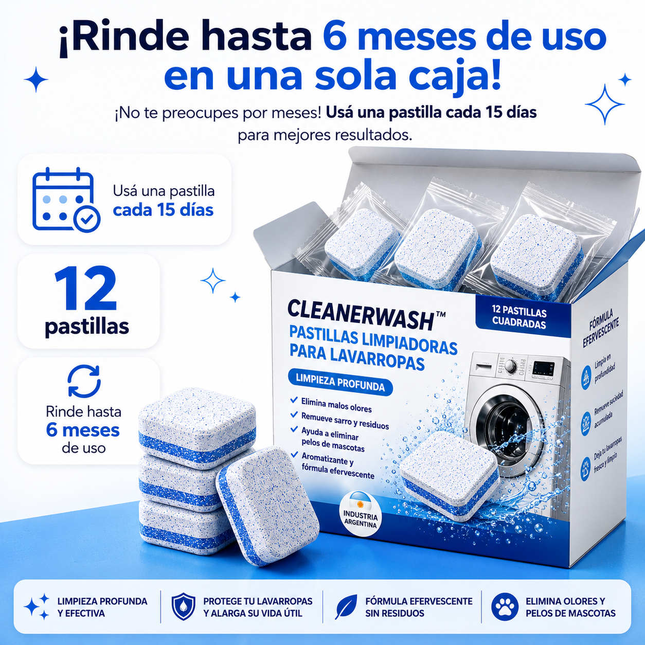 CleanerWash™ | Pastillas Originales para Limpiar Lavarropas - Elimina Mal Olor, Sarro y Pelos de Mascotas