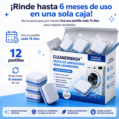 CleanerWash™ | Pastillas Originales para Limpiar Lavarropas - Elimina Mal Olor, Sarro y Pelos de Mascotas