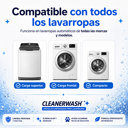 CleanerWash™ | Pastillas Originales para Limpiar Lavarropas - Elimina Mal Olor, Sarro y Pelos de Mascotas