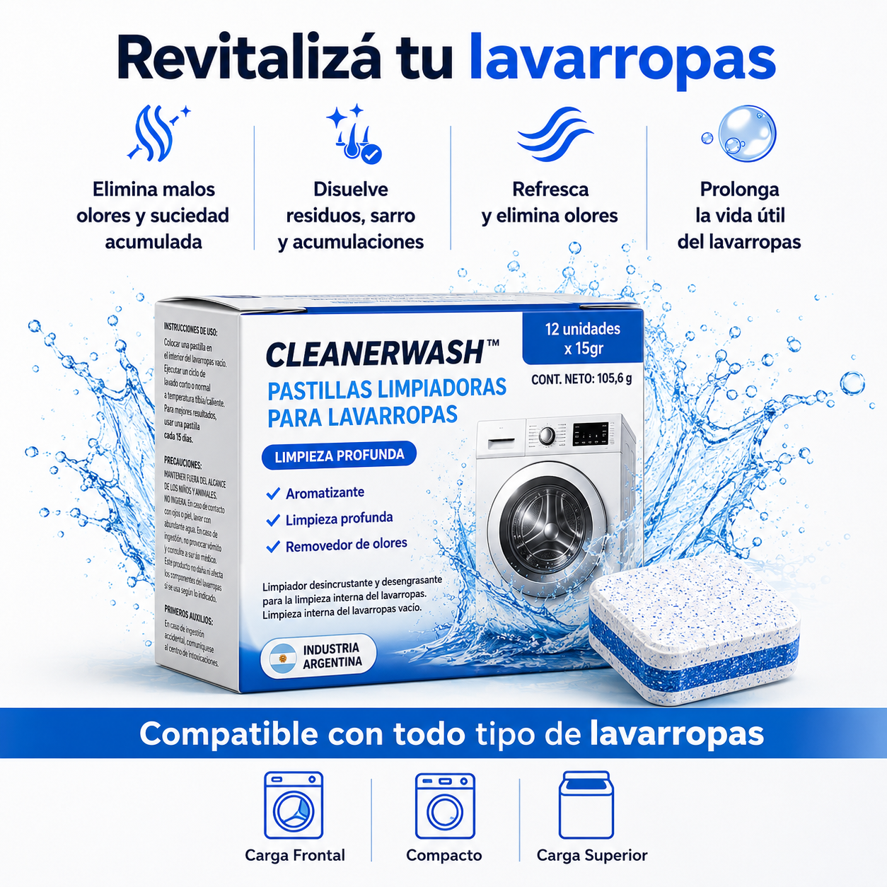 CleanerWash™ | Pastillas Originales para Limpiar Lavarropas - Elimina Mal Olor, Sarro y Pelos de Mascotas