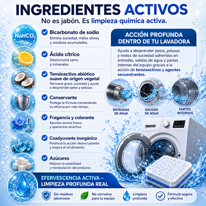 CleanerWash™ | Pastillas Originales para Limpiar Lavarropas - Elimina Mal Olor, Sarro y Pelos de Mascotas