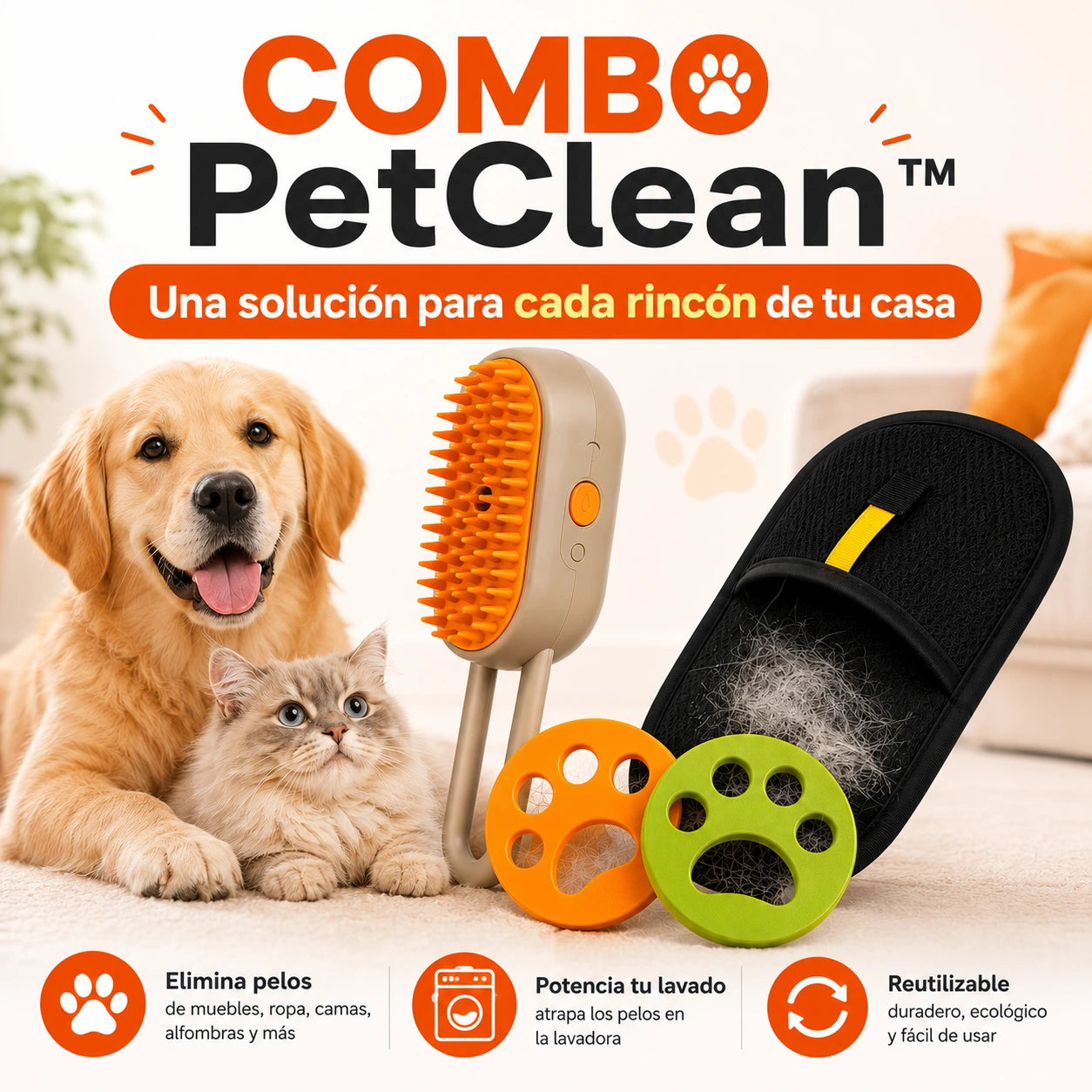 PetClean™ | Manopla Atrapa Pelos + Regalos🎁: 2 Huellitas Saca Pelos + 1 Cepillo Automatico A Vapor
