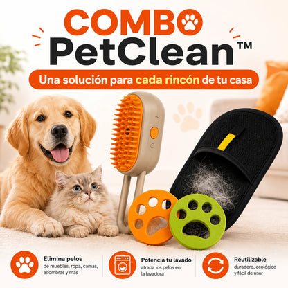 PetClean™ | Manopla Atrapa Pelos + Regalos🎁: 2 Huellitas Saca Pelos + 1 Cepillo Automatico A Vapor