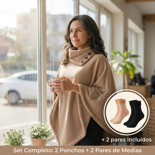 Therma™ | Set Invernal Completo — 2 Ponchos Plush con Interior de Piel + 2 Pares de Medias Térmicas